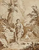 Landscape with Mountain Stream and Bathing Women by Johann Heinrich Tischbein the Elder, Pen and brush in brown on toned paper, sold May 2024