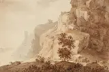 German School around 1800, River Landscape with Rocky Cliffs and a Goatherd, Ink and watercolour
