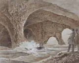In the Cave on Capri by Johann Christian Reinhart, Brush in brown and white over pencil, sold May 2024