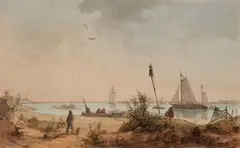 Coastal Landscape with Fishermen and Sailing Ships in the Distance by Andreas Achenbach, Watercolour, sold May 2024