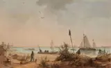 Andreas Achenbach, Coastal Landscape with Fishermen and Sailing Ships in the Distance, Watercolour