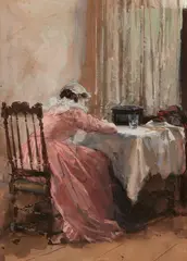 Carl von Marr, Young woman writing at a table, Gouache on paper