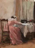 Carl von Marr, Young woman writing at a table, Gouache on paper