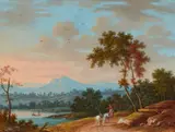 Johann Martin Däubler, Landscape with two Riders and two Boatmen, Gouache on paper