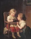 Johann Georg Meyer, Careful, it's Hot, Oil on panel