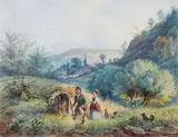 Ernst Hasse, Young Farmer Couple at the Wine Cellar, Watercolour. 16.2. x