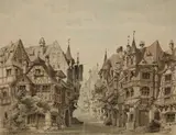Angelo Quaglio the Younger, Stage design for Act II of the "Meistersinger von Nürnberg" for the premiere at the Munich National Theatre in 1868, Pen and black ink, brown wash