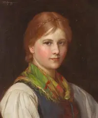 Franz Defregger, Young Woman with colorful scarf, Oil on canvas (relined)