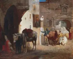 Franz Quaglio, Southern Street Scene with a Mule and an Oxcart, Oil on panel