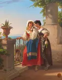 Two young Italian Women being Serenaded by a young Man with a Mandolin by follower of Louis Léopold Robert, Oil on canvas (relined), sold May 2024