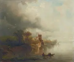 Caspar Scheuren, River Landscape with a Rowing Boat, Oil on canvas (relined)