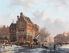 Adrianus Eversen, Frozen Canal in a Dutch Town, Oil on panel