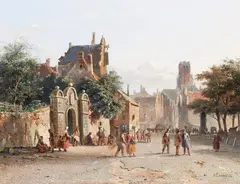 Adrianus Eversen, Busy Street in a Dutch Town, Oil on panel