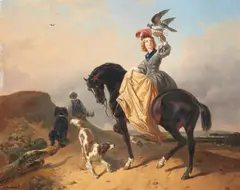 Joseph Moerenhout, Female falconer on a black horse, Oil on canvas (relined)