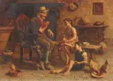 Eugenio Zampighi, Kitchen Scene with an Old Man, Children, and Poultry