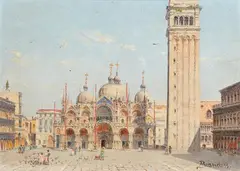 Antonietta Brandeis, Two views of Venice:
Piazza San Marco with the Basilica di San Marco
Riva degli Schiavoni with the Doge's Palace, Oil on card. Each