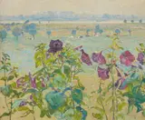 Max Clarenbach, Flowers (Hollyhocks), View of the Rhine near Wittlaer, Oil on canvas