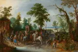 Sebastiaan Vrancx, Soldiers meet in a Forest Clearing in front of a Chapel, Oil on panel