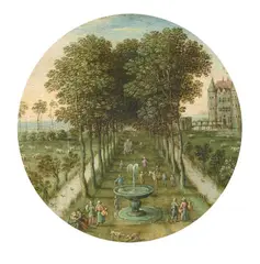 Pair of tondos: Tree-Lined Path with Figures and a Moated Castle in the Background (Allegory of Summer), Snowy Village Square with Figures and a Bridge in the Foreground (Allegory of Winter) by Maerten Rijkaert, Oil on panel. Each, sold May 2024