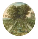 Maerten Rijkaert, Pair of tondos: Tree-Lined Path with Figures and a Moated Castle in the Background (Allegory of Summer), Snowy Village Square with Figures and a Bridge in the Foreground (Allegory of Winter), Oil on panel. Each