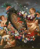 Daniel Seghers Cornelius Schut, Image of the Virgin and Child borne aloft by Cherubim and Adorned with Garlands, Oil on canvas (relined)