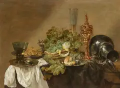 Abraham van Beijeren, A Still Life with Grapes, Lemons, Bread, a Rummer and a gilded Chalice on a Table, Oil on panel