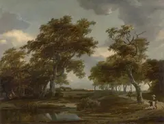 Meindert Hobbema, Wooded River Landscape with Figures on a Path, Oil on panel (parquetted)