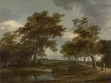 Meindert Hobbema, Wooded River Landscape with Figures on a Path, Oil on panel (parquetted)