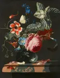 Simon Pietersz Verelst, Roses, Anemones, Forget-Me-Nots, Morning Glories, Nastirtiums and Peonies in a Glass Vase on a Stone Ledge, Oil on canvas (relined)