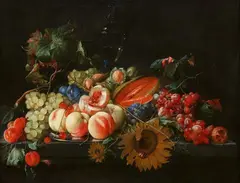 Cornelis de Heem, Still Life of Peaches and Cherries on a Salver with other Fruits, Nuts and Sunflowers, Oil on canvas (relined)