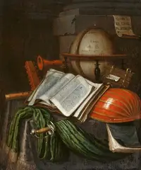 Vanitas Still Life with Sword, Terrestrial Globe and Musical Instruments by Edwaert Collier, Oil on panel, sold May 2024