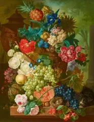 Jan van Os, Flowers and Fruit on a stone Plinth, Oil on panel