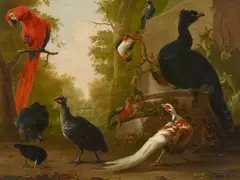 Abraham Busschop, A Red Macaw, Guinea Fowl, a Silver Pheasant and other Exotic Birds in a Park, Oil on canvas (relined)