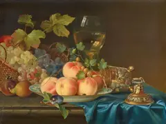 Justus Juncker, Still life with a Chinese Dish with Peaches, a Roemer, a Silver Covered Cup and Grape Vines, Oil on panel
