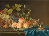 Justus Juncker, Still life with a Chinese Dish with Peaches, a Roemer, a Silver Covered Cup and Grape Vines, Oil on panel