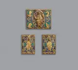 Limoges 12th century, A three-part 12th century Limoges enamel plaque, Rolled copper; the figure of Christ and the apostle's heads applied, presumably bronze; partially gilded, enamelled. Consisting of three panels, formerly mountings, depicting Christ in the centre, enthroned on a rainbow against a mandorla holding a book and blessing, surrounded by the symbols of the four Evangelists. The side panels depict saints, also against mandorlas. Each with four small drilled holes. Wear and losses. Mounted with nails to a newer velvet covered wooden frame. Central panel