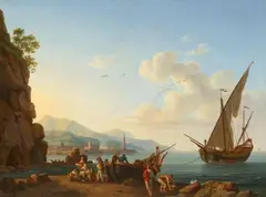 Jacob Philipp Hackert, Fishermen with boat on a beach, Oil on canvas