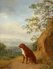 Sitting dog in a landscape by Jacob Philipp Hackert, Oil on panel, sold May 2024