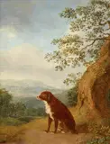 Jacob Philipp Hackert, Sitting dog in a landscape, Oil on panel