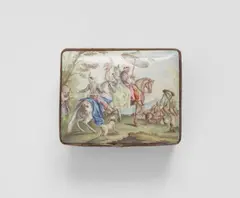 Isaac Jacob Clauce oder Clauze, An enamelled tobacco box with a falcon hunt scene, Polychrome enamel decor on copper with engraved and gilded copper mountings. The outer six faces and the inside of the lid painted with finely rendered exotic figures hunting and playing music. Some cracks to the base and sides. H 3.5, W 6.5, D