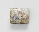 Isaac Jacob Clauce oder Clauze, An enamelled tobacco box with a falcon hunt scene, Polychrome enamel decor on copper with engraved and gilded copper mountings. The outer six faces and the inside of the lid painted with finely rendered exotic figures hunting and playing music. Some cracks to the base and sides. H 3.5, W 6.5, D