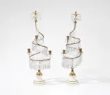 Werner & Mieth, A pair of three-flame bronze candelabra, Fire gilt bronze/brass, glass droplets, white marble. Twisted candle holders hung with faceted glass prisms, with flower bud finials. H c