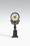 Eisengießerei Saynerhütte, A cast iron night clock "Trespied", Fired cast iron, milk glass dial with black Roman indices, pierced wrought iron hands, guilloched gilt bronze and brass. Cast in several parts. Cast mark S.H. H