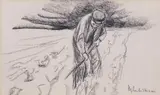 Max Liebermann, Farmer in the field, Charcoal drawing