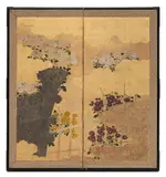 A two-panel screen. Second half 19th century by Anonymer Maler des 19. Jh., Depicting red and white flowering chrysanthemums by a brushwood and a bamboo fence. Ink, colours, gofun and gold on pape, sold Dec 2023