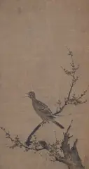 Kanō Motonobu, Hoopoe on a plum blossom branch, Hanging scroll. Ink on paper. Pot seal reading Motonobu. Black lacquered wooden box, inscribed on the lid Baichō zu Motonobu hitsu in makie. Inside a kanteisho by Kohitsu Ryōchū (1656-1736). On the lif pf the box a paper paper of Yamanaka & Co. in Koto with handwritten inscription: Dr. Junghann Franz-Abtstr. 10. Wiesbaden. Germany. 1 Kakemono, painted by Motonobu (#9)