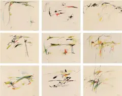 Peter Brüning, Untitled, 1961, 9 works: each coloured chalk and Indian ink on paper. Each