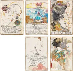 Günter Brus, Erscheinungsvergiftung, 1979, 5 works: Each watercolour, coloured pencil and graphite on paper. each