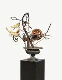 Jean Tinguely, PROLETKUNST Nr. 3, 1989, Sculpture made of iron, root, animal skull, wooden wheel etc., and electric motor. Approx