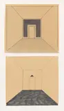 Blinky Palermo, Zwei Entwürfe für Wandmalerei, 1969/1970, 2 works: 1 sheet felttip pen, ink and pencil on graph paper mounted on brown paper and 1 sheet felttip pen and ink on brown paper